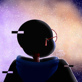 A digital drawing of Error Sans from the Undertale multiverse, viewed from behind. He is staring into the starry sky of Outertale, wearing glasses taped onto his skull.